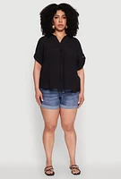 Womens Plus Gauze Knit Button Front Short Sleeve Shirt,