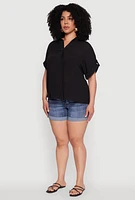 Womens Plus Gauze Knit Button Front Short Sleeve Shirt,