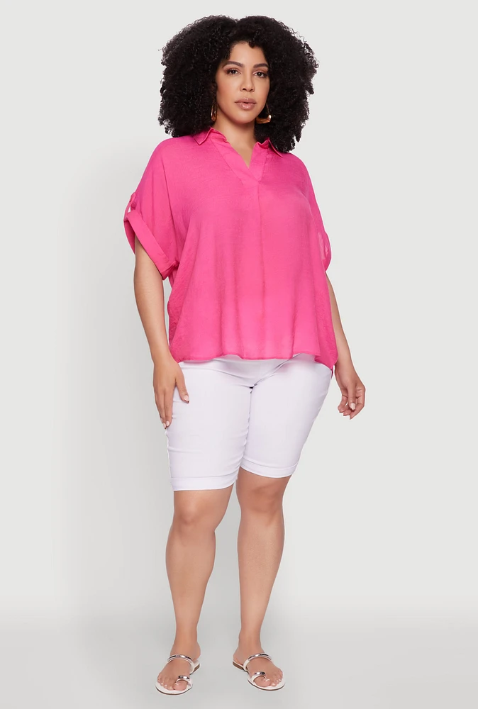 Womens Plus Gauze Knit Button Front Short Sleeve Shirt,