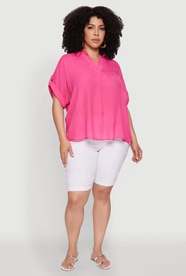 Womens Plus Gauze Knit Button Front Short Sleeve Shirt,