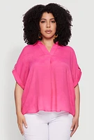 Womens Plus Gauze Knit Button Front Short Sleeve Shirt,