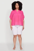 Womens Plus Gauze Knit Button Front Short Sleeve Shirt,