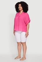 Womens Plus Gauze Knit Button Front Short Sleeve Shirt,
