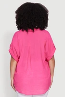 Womens Plus Gauze Knit Button Front Short Sleeve Shirt,