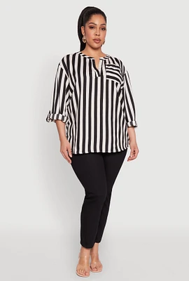 Womens Plus Size Striped Notch Neck Blouse, Multi, Size 3X