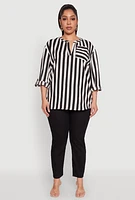 Womens Plus Size Striped Notch Neck Blouse, Multi, Size 3X