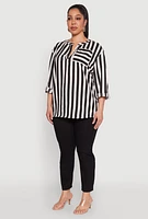 Womens Plus Size Striped Notch Neck Blouse, Multi, Size 3X