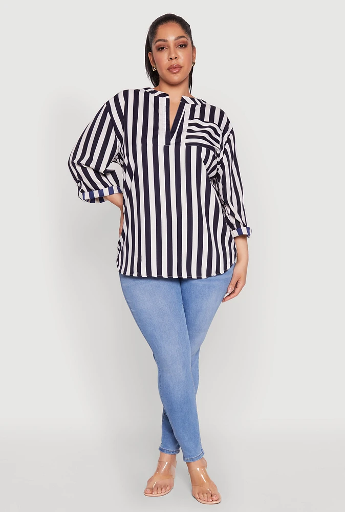 Womens Plus Size Striped Notch Neck Blouse, Multi, Size 1X