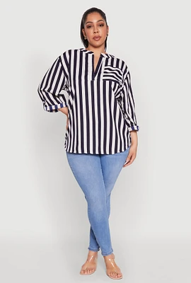 Womens Plus Size Striped Notch Neck Blouse, Multi, Size 1X