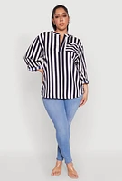 Womens Plus Size Striped Notch Neck Blouse, Multi, Size 1X