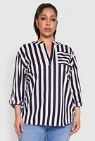 Womens Plus Size Striped Notch Neck Blouse, Multi, Size 1X