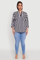 Womens Plus Size Striped Notch Neck Blouse, Multi, Size 1X