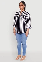 Womens Plus Size Striped Notch Neck Blouse, Multi, Size 1X