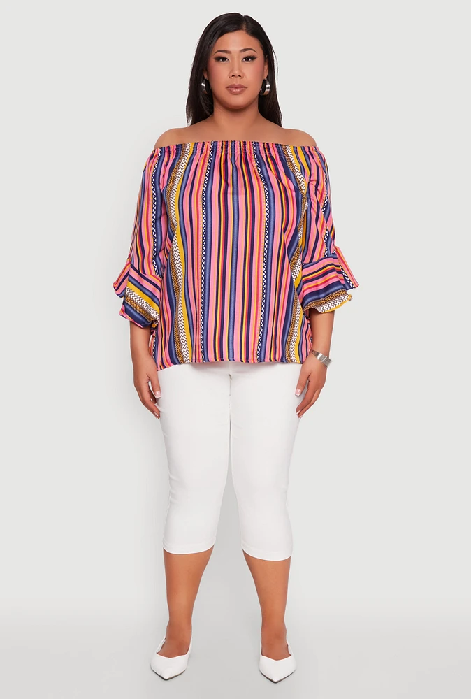Womens Plus Striped Off The Shoulder Blouse, Multi,