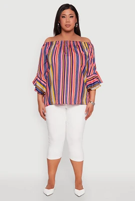 Womens Plus Striped Off The Shoulder Blouse, Multi,