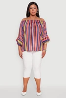 Womens Plus Striped Off The Shoulder Blouse, Multi,