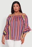 Womens Plus Striped Off The Shoulder Blouse, Multi,