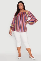 Womens Plus Striped Off The Shoulder Blouse, Multi,