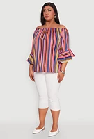 Womens Plus Striped Off The Shoulder Blouse, Multi,