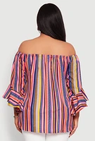 Womens Plus Striped Off The Shoulder Blouse, Multi,