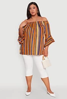 Womens Plus Striped Off The Shoulder Blouse, Multi,