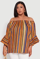 Womens Plus Striped Off The Shoulder Blouse, Multi,
