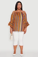 Womens Plus Striped Off The Shoulder Blouse, Multi,