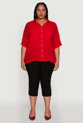 Womens Plus Size Chic Side Slit Button Front Shirt, Red, Size 2X