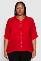 Womens Plus Size Chic Side Slit Button Front Shirt, Red, Size 2X