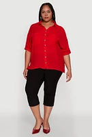 Womens Plus Size Chic Side Slit Button Front Shirt, Red, Size 2X