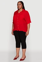 Womens Plus Size Chic Side Slit Button Front Shirt, Red, Size 2X