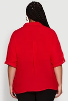 Womens Plus Size Chic Side Slit Button Front Shirt, Red, Size 2X
