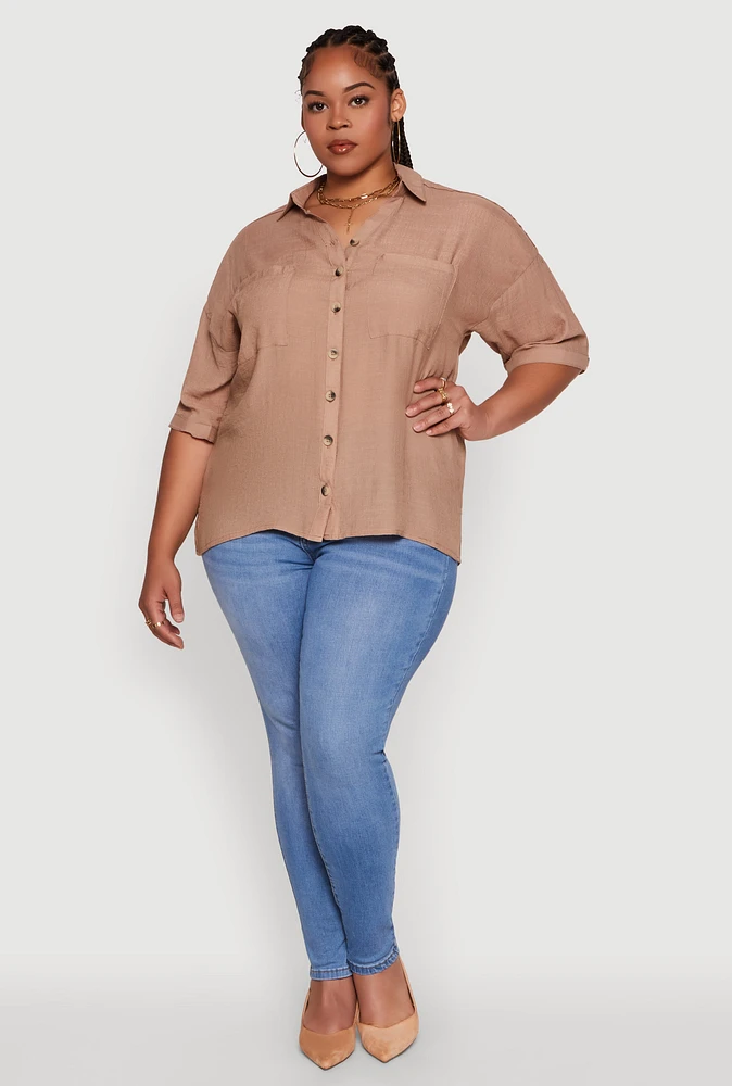Womens Plus Chic Side Slit Button Front Shirt,