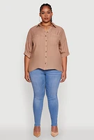 Womens Plus Chic Side Slit Button Front Shirt,