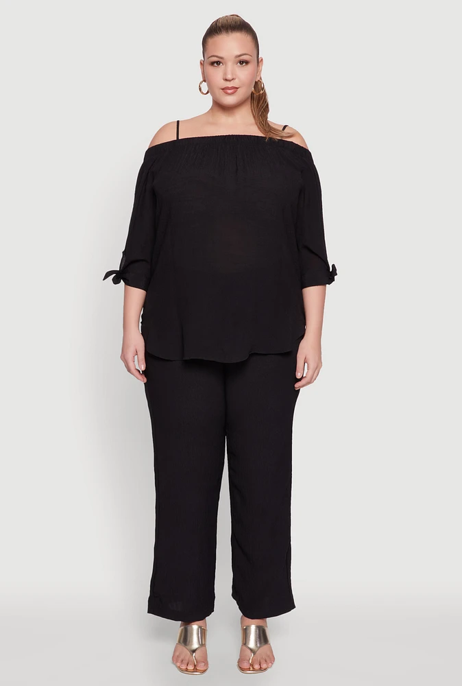 Womens Plus Gauze Knit Cold Shoulder Blouse,