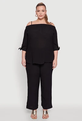 Womens Plus Gauze Knit Cold Shoulder Blouse,