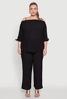 Womens Plus Gauze Knit Cold Shoulder Blouse,