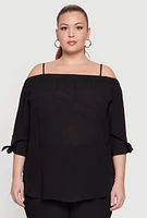 Womens Plus Gauze Knit Cold Shoulder Blouse,