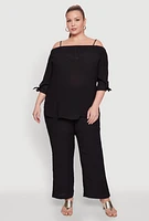 Womens Plus Gauze Knit Cold Shoulder Blouse,