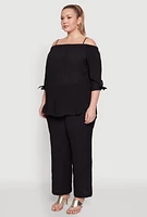 Womens Plus Gauze Knit Cold Shoulder Blouse,