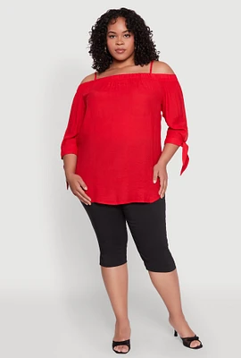 Womens Plus Size Gauze Knit Cold Shoulder Blouse, Red, Size 3X