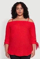 Womens Plus Size Gauze Knit Cold Shoulder Blouse, Red, Size 3X