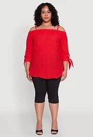 Womens Plus Size Gauze Knit Cold Shoulder Blouse, Red, Size 3X