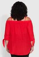 Womens Plus Size Gauze Knit Cold Shoulder Blouse, Red, Size 3X