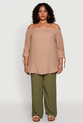 Womens Plus Gauze Knit Cold Shoulder Blouse,