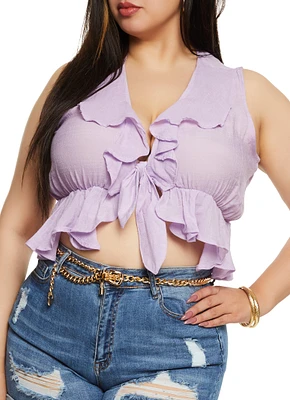 Womens Plus Size Gauze Knit Ruffled Tie Front Crop Top, Purple, Size 1X