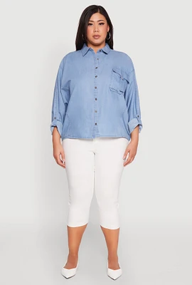 Womens Plus Size Chambray Tabbed Pocket Shirt, Blue, Size 2X