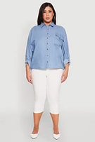 Womens Plus Size Chambray Tabbed Pocket Shirt, Blue, Size 2X