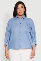 Womens Plus Size Chambray Tabbed Pocket Shirt, Blue, Size 2X