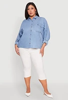 Womens Plus Size Chambray Tabbed Pocket Shirt, Blue, Size 2X